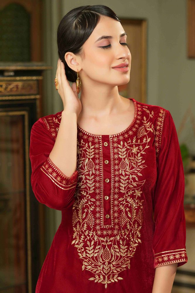 Juniper Maroon Velvet Festive Solid Embroidered Straight Kurta For Women - Distacart