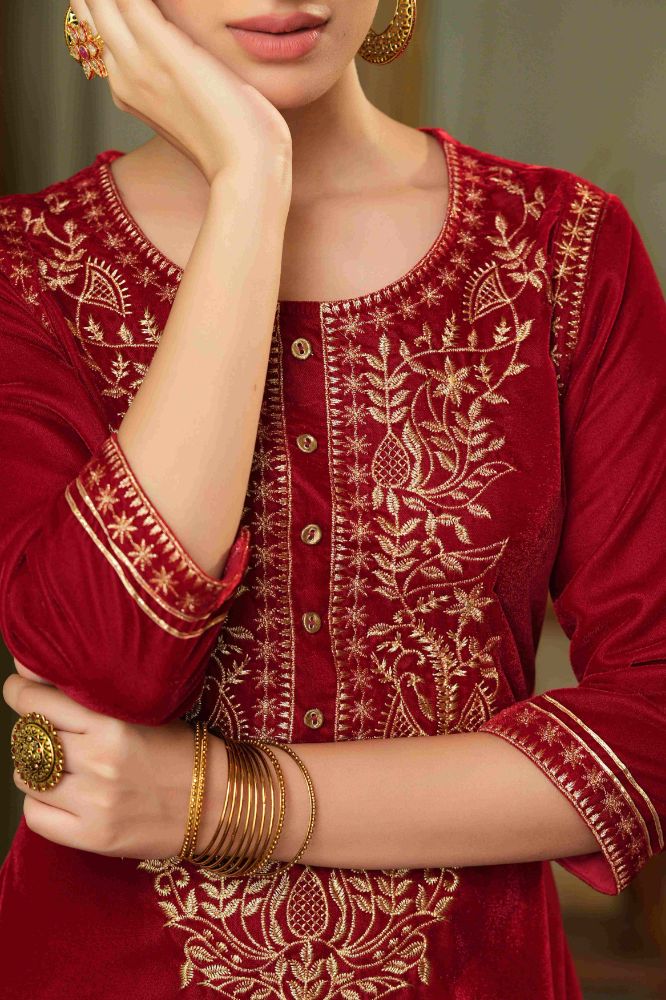 Juniper Maroon Velvet Festive Solid Embroidered Straight Kurta For Women - Distacart