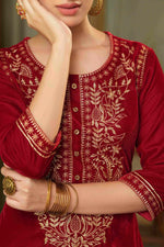 Thumbnail for Juniper Maroon Velvet Festive Solid Embroidered Straight Kurta For Women - Distacart