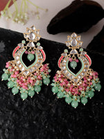 Thumbnail for Shoshaa Gold-Plated Green & Pink Enamel Kundan-Studded Drop Earrings - Distacart