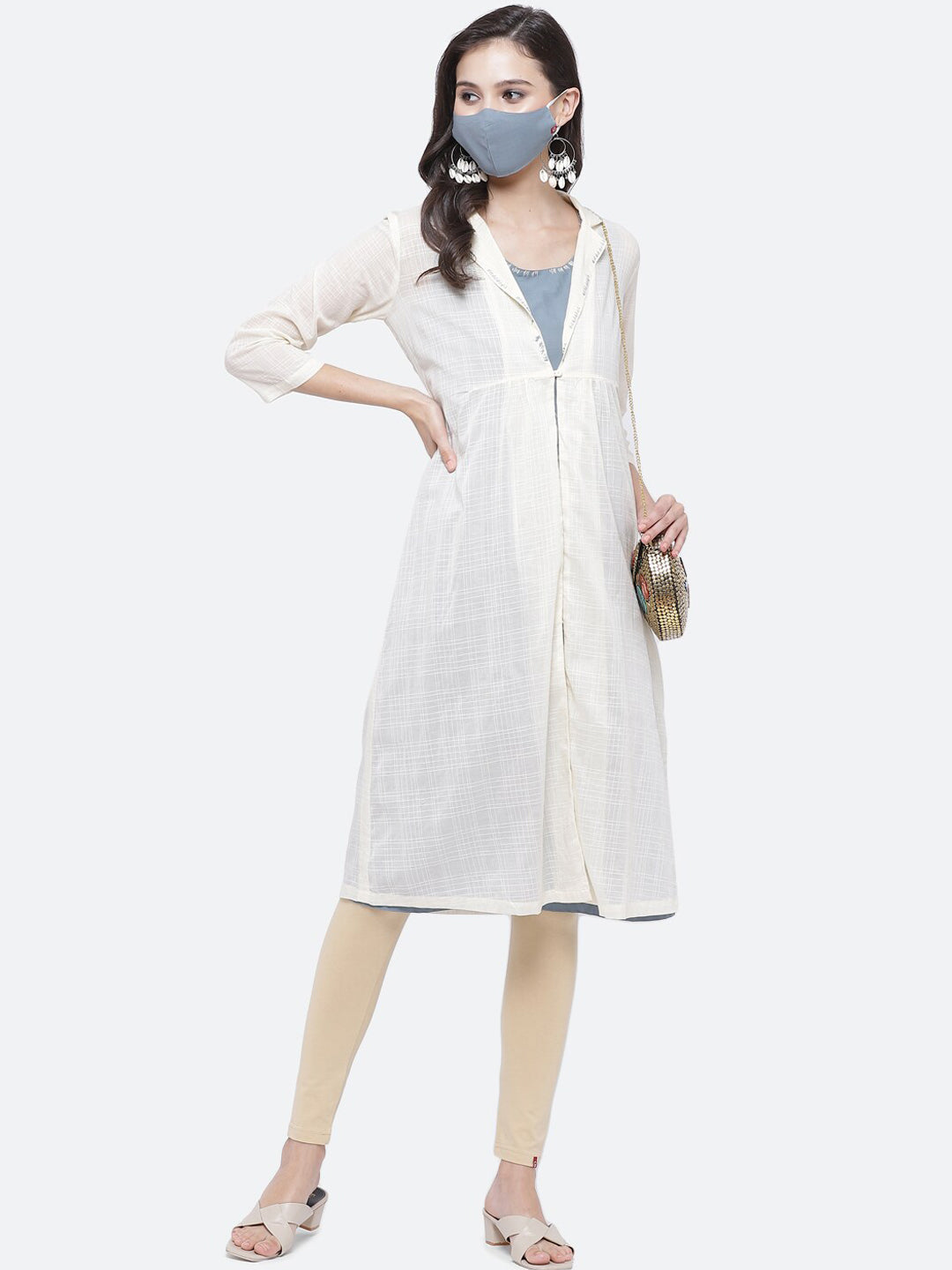 Biba Women Blue Cotton Kurta With Mask & Jacket - Distacart