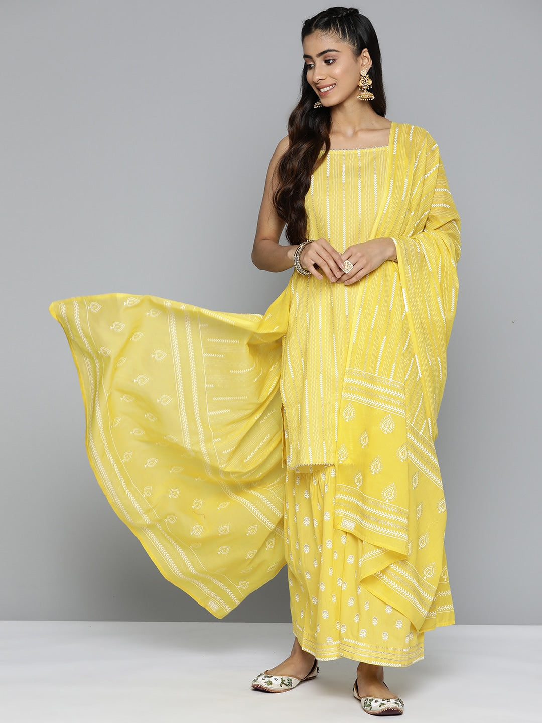 HERE&NOW Ethnic Motifs Printed Gotta Patti Pure Cotton Kurta with Sharara & Dupatta - Distacart