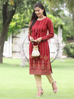 Thumbnail for Juniper Women Women's Acrylyc Viscose Jaquard Knit Maroon Printed Straight Festive Kurta - Distacart