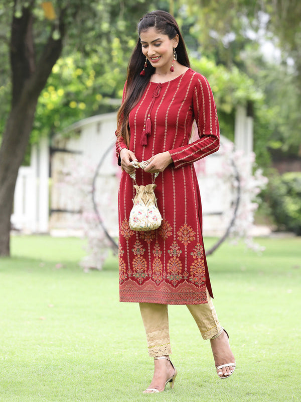 Juniper Women Women's Acrylyc Viscose Jaquard Knit Maroon Printed Straight Festive Kurta - Distacart