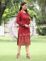 Thumbnail for Juniper Women Women's Acrylyc Viscose Jaquard Knit Maroon Printed Straight Festive Kurta - Distacart