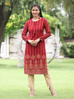 Thumbnail for Juniper Women Women's Acrylyc Viscose Jaquard Knit Maroon Printed Straight Festive Kurta - Distacart