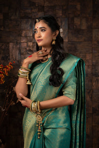 Thumbnail for Vardha Turquoise Blue Golden Zari Brocade Kanjeevaram Silk Saree