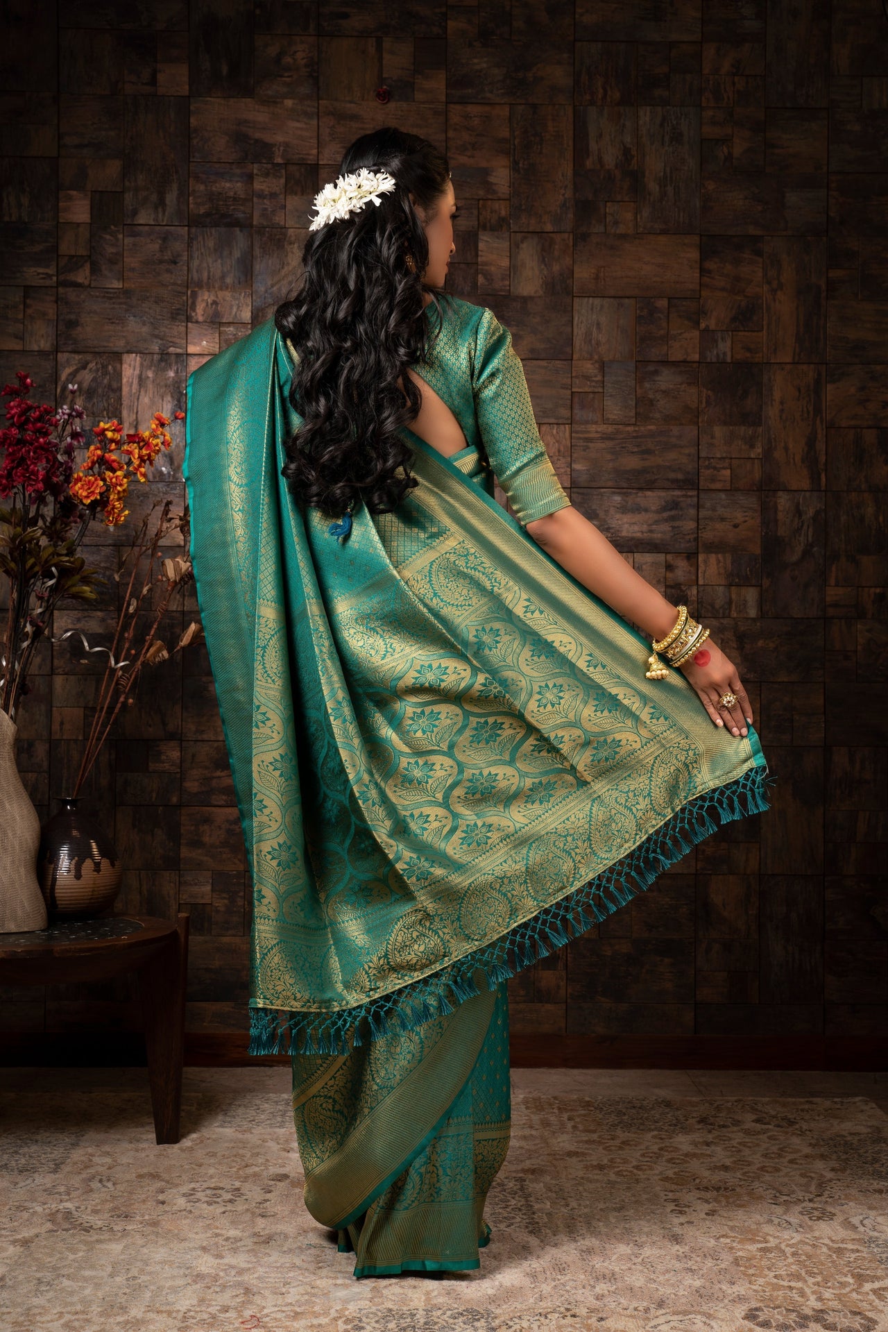 Vardha Turquoise Blue Golden Zari Brocade Kanjeevaram Silk Saree