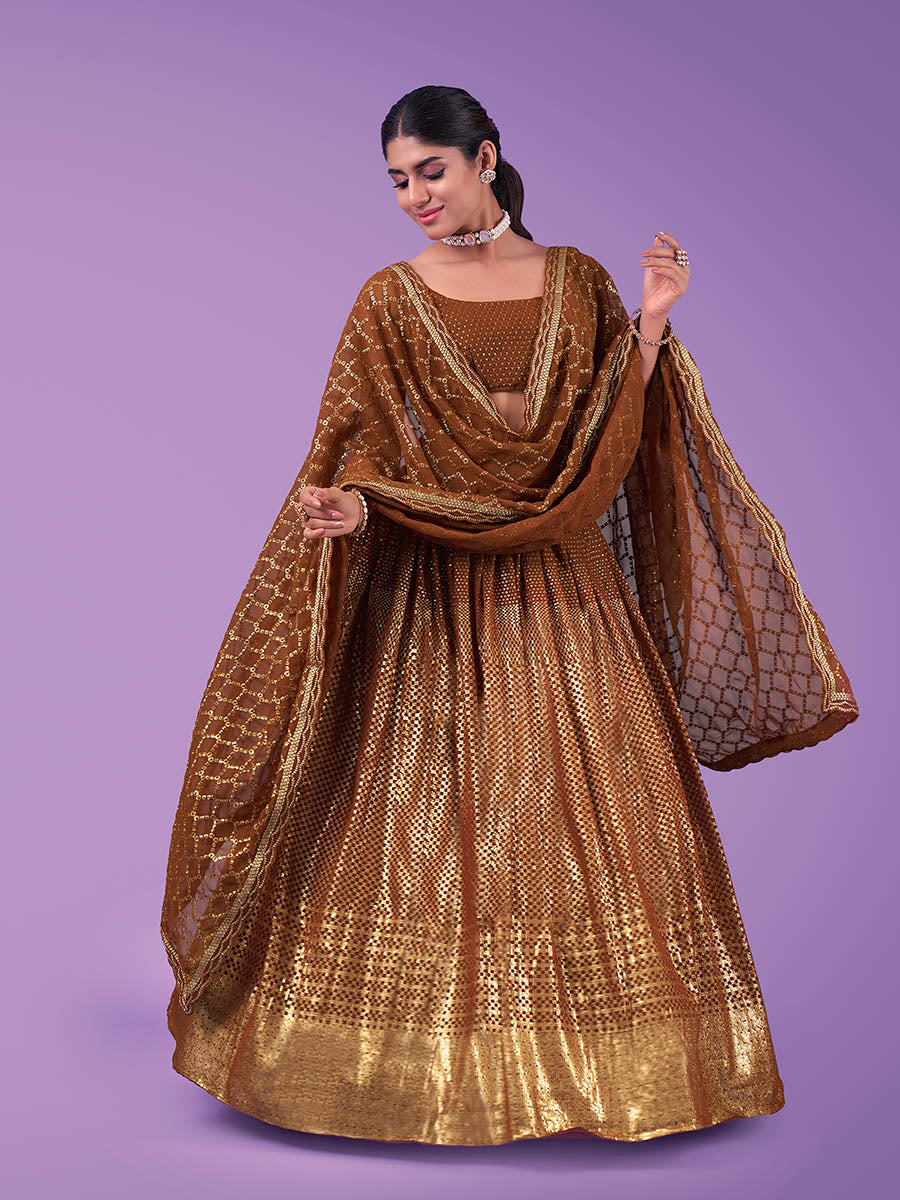 Myra Brown Georgette Embroidered Designer Lehenga - Distacart