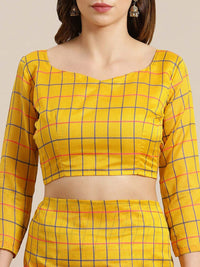 Thumbnail for Saree Mall Mustard & Coral Checked Silk Cotton Sarees - Distacart