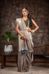 Thumbnail for Vardha Seal Grey Golden Zari Kanjeevaram Silk Saree