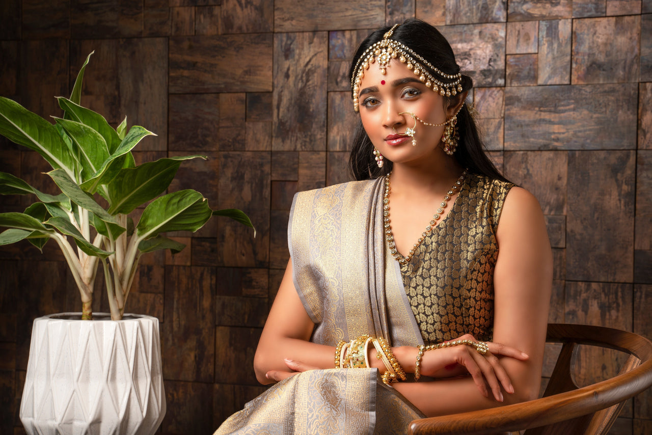 Vardha Seal Grey Golden Zari Kanjeevaram Silk Saree