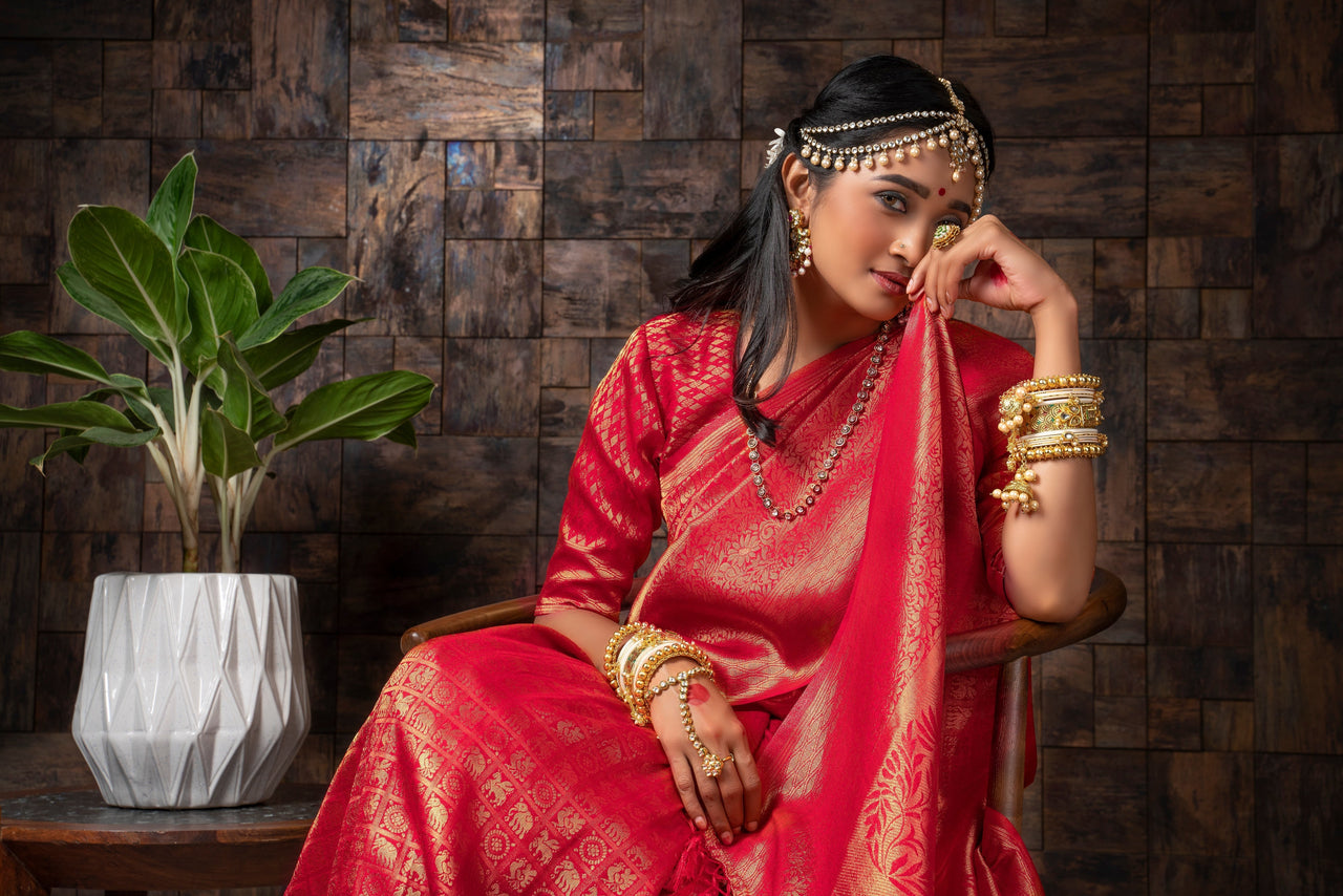 Vardha Candy Apple Red Golden Zari Kanjeevaram Silk Saree