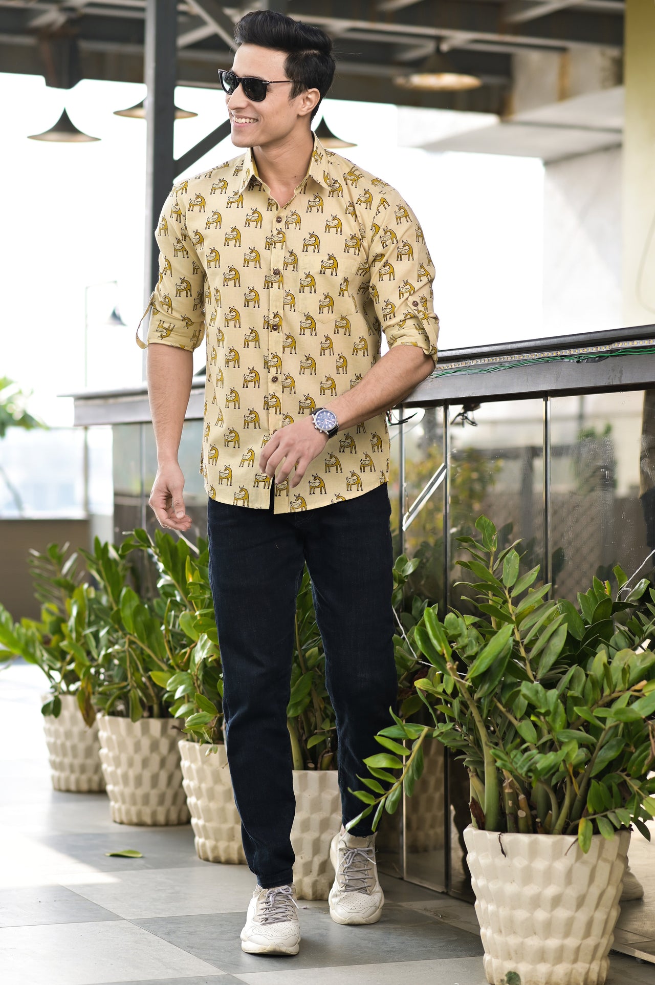 NOZ2TOZ Men Conversational Printed Cotton Casual Shirt - Beige - Distacart