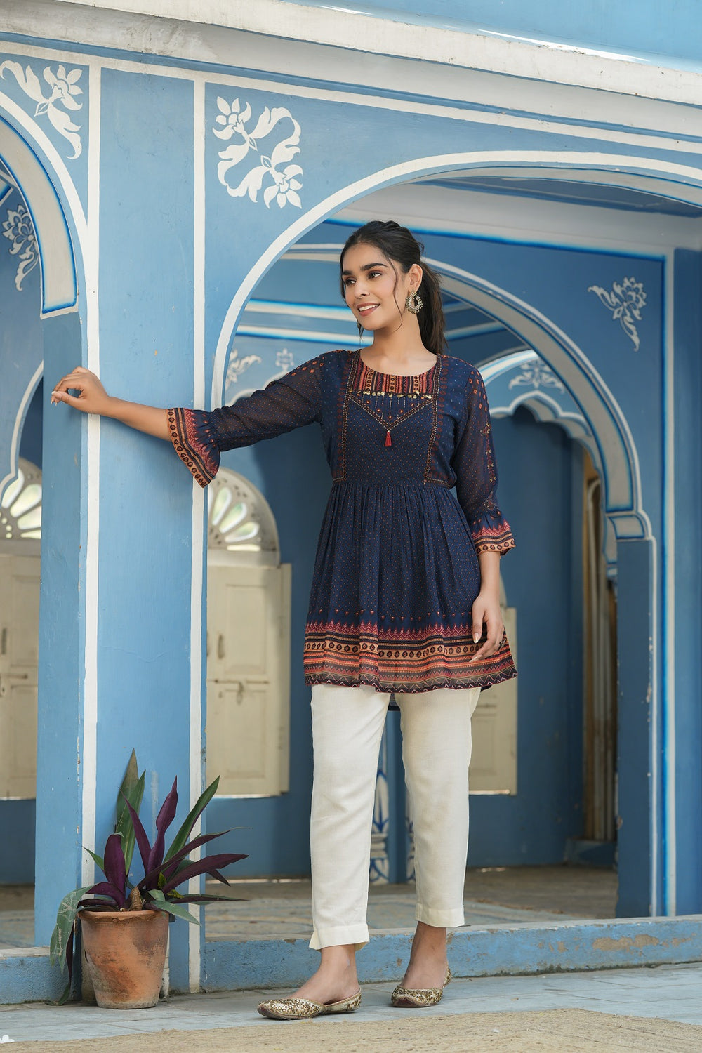 Juniper Indigo Georgette Festive Printed Flared Tunic For Women - Distacart