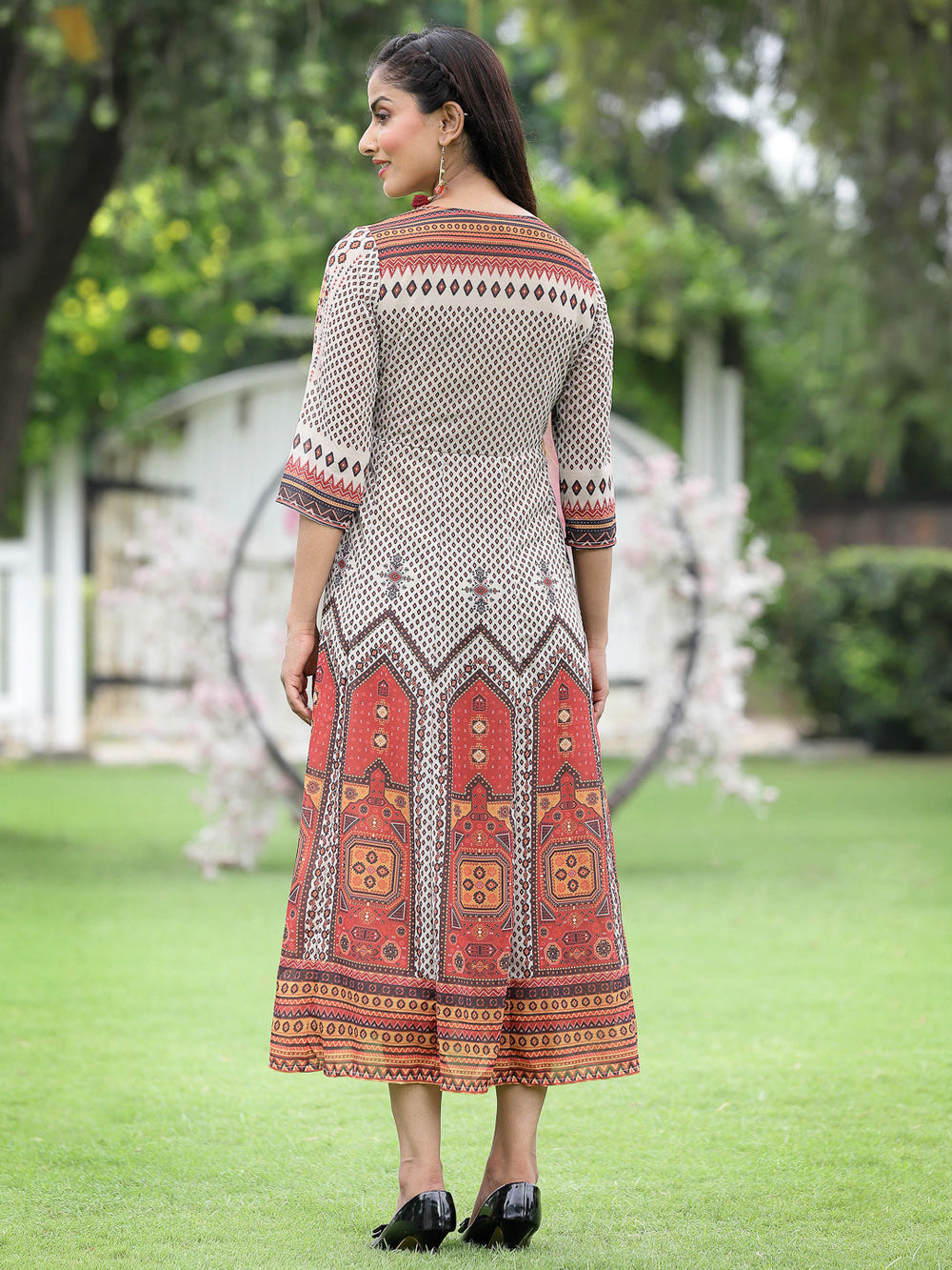 Juniper Off-White Georgette Festive Wear Printed Flared Dress - Distacart