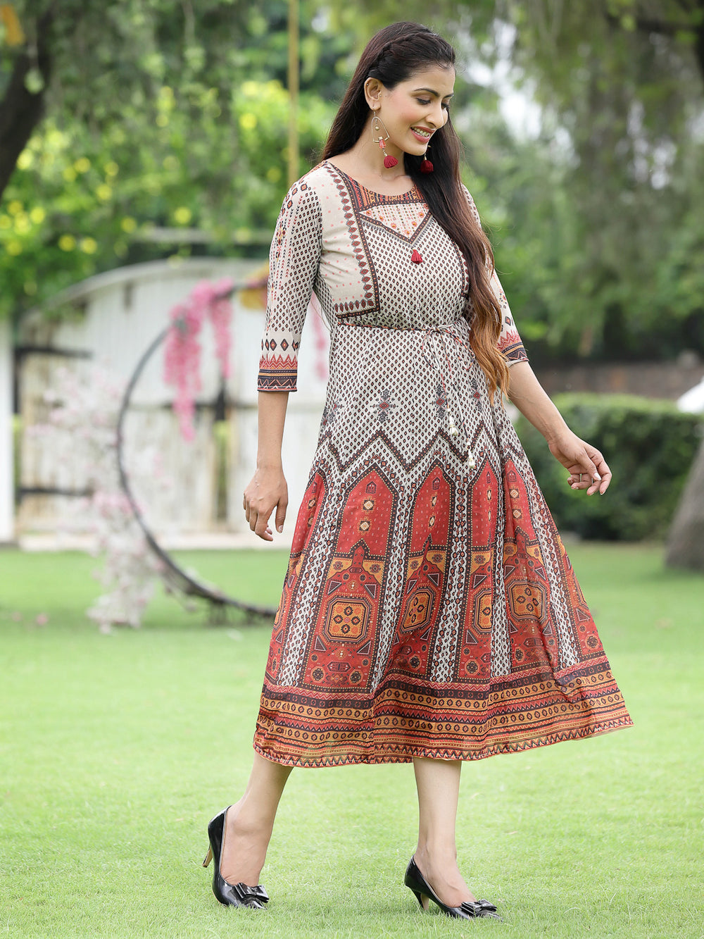 Juniper Off-White Georgette Festive Wear Printed Flared Dress - Distacart