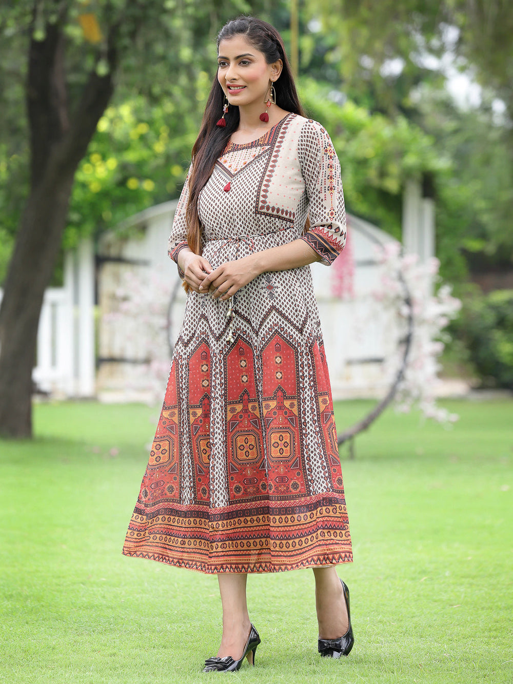 Juniper Off-White Georgette Festive Wear Printed Flared Dress - Distacart