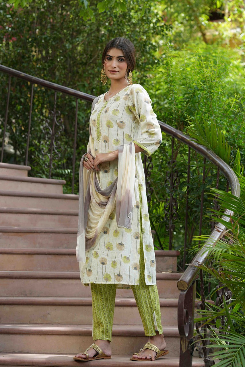 Juniper Green Rayon Casual Wear Printed Straight Kurta Pant Dupatta Set - Distacart