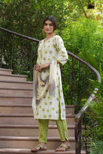 Thumbnail for Juniper Green Rayon Casual Wear Printed Straight Kurta Pant Dupatta Set - Distacart