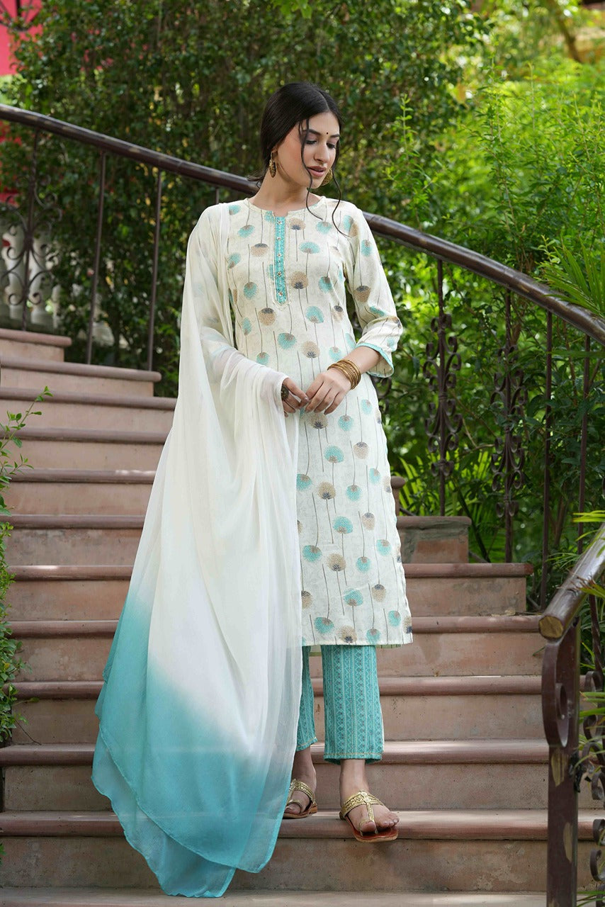 Juniper Skyblue Rayon Casual Wear Printed Straight Kurta Pant Dupatta Set - Distacart