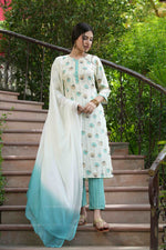 Thumbnail for Juniper Skyblue Rayon Casual Wear Printed Straight Kurta Pant Dupatta Set - Distacart