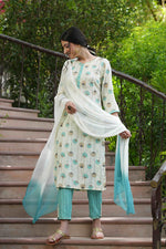 Thumbnail for Juniper Skyblue Rayon Casual Wear Printed Straight Kurta Pant Dupatta Set - Distacart