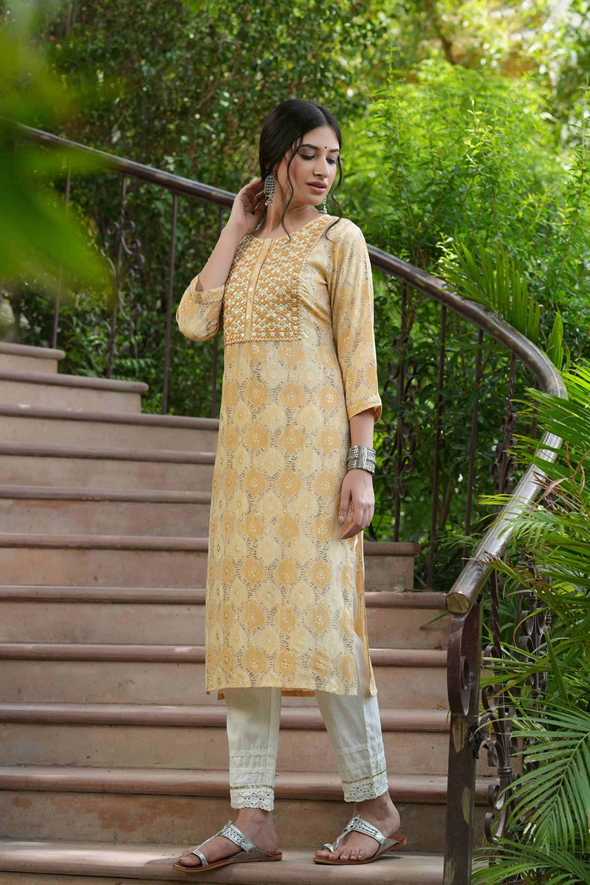 Juniper Beige Muslin Festive Wear Mirror Work Straight Kurta - Distacart