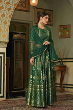 Thumbnail for Juniper Green Santoon Slub Festive Foil Printed Straight Lehnga Choli Set For Women - Distacart