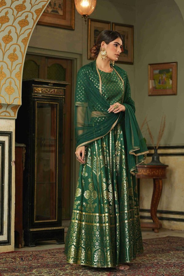 Juniper Green Santoon Slub Festive Foil Printed Straight Lehnga Choli Set For Women - Distacart