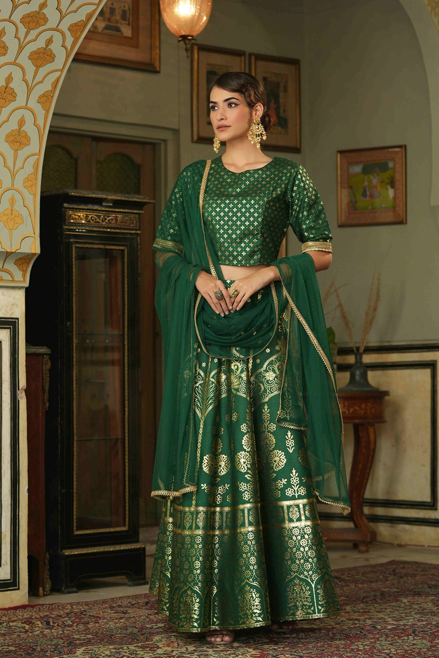 Juniper Green Santoon Slub Festive Foil Printed Straight Lehnga Choli Set For Women - Distacart
