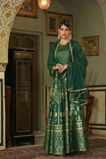 Thumbnail for Juniper Green Santoon Slub Festive Foil Printed Straight Lehnga Choli Set For Women - Distacart