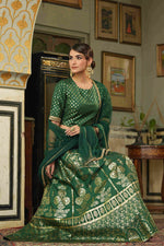 Thumbnail for Juniper Green Santoon Slub Festive Foil Printed Straight Lehnga Choli Set For Women - Distacart