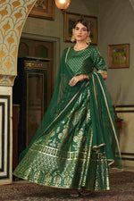 Thumbnail for Juniper Green Santoon Slub Festive Foil Printed Straight Lehnga Choli Set For Women - Distacart