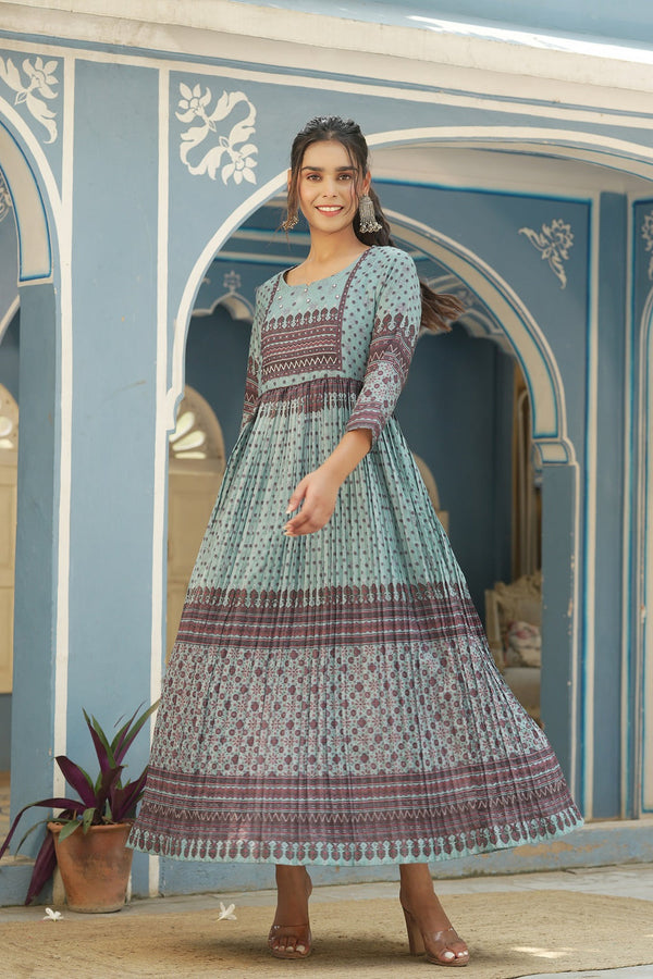 Juniper Sky Blue Muslin Festive Printed Flared Dress For Women - Distacart