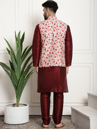 Thumbnail for Sojanya Men Maroon & Beige Self Design Kurta with Churidar & Nehru Jacket - Distacart