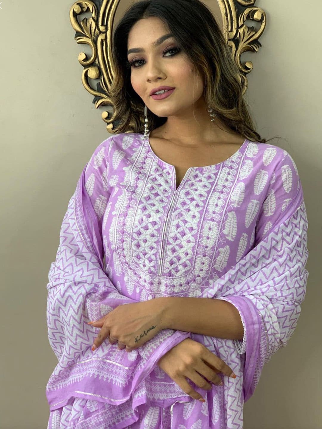 Kalini Ethnic Motifs Printed Round Neck Regular Kurta With Trousers & Dupatta - Distacart