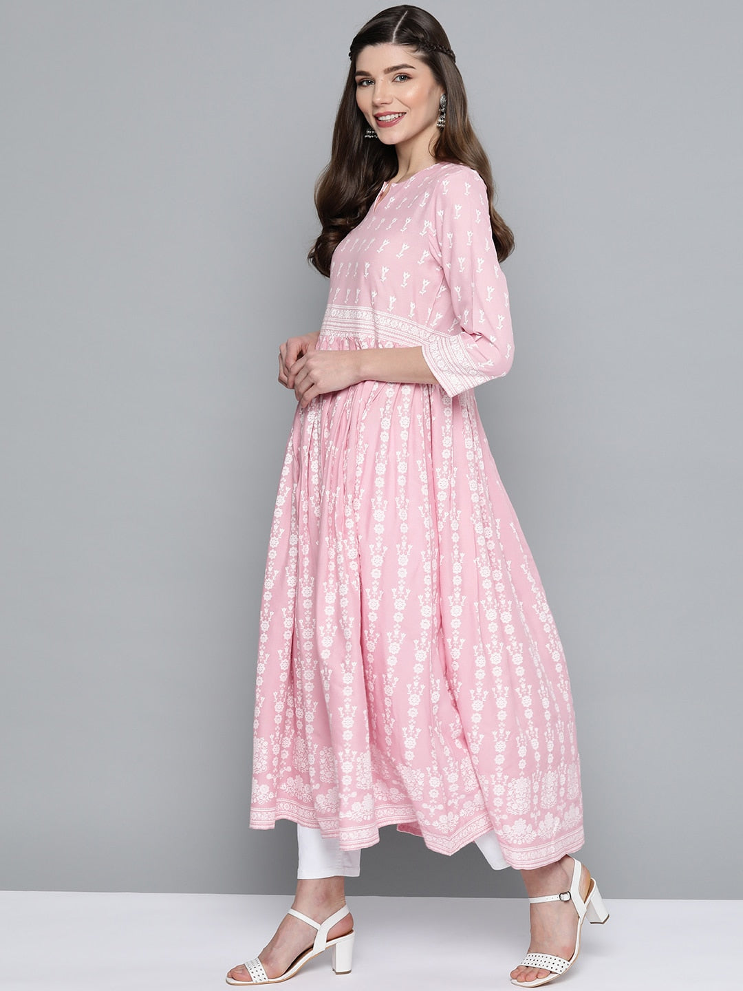 HERE&NOW Women Pink & White Ethnic Motifs Printed Anarkali Kurta - Distacart