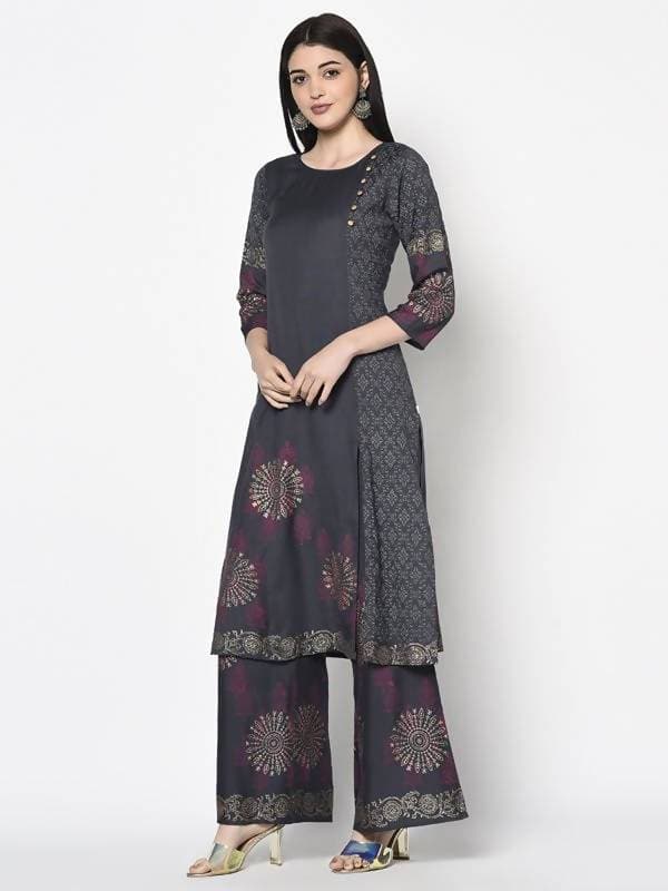 Aniyah Rayon Dark Grey Color Block Print Straight Kurta Palazzo Set (AN-202K)