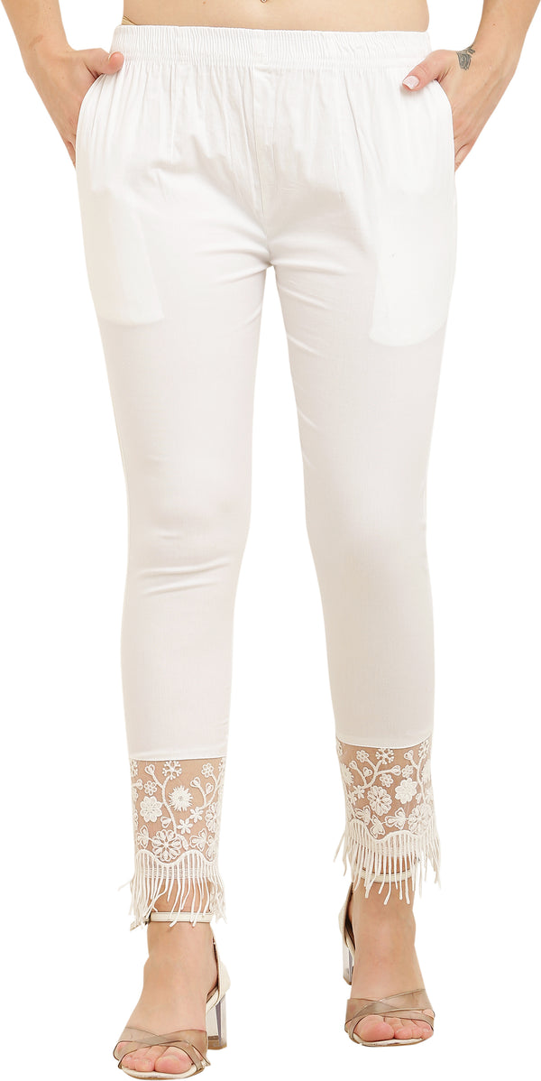 PAVONINE White Color Flower Kirosia Lace Hem Cotton Fabric Palazzo For Women - Distacart