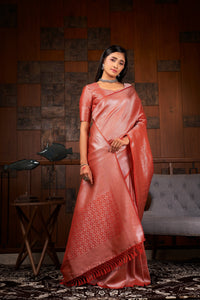 Thumbnail for Vardha Crimson Red Silver Zari Kanjeevaram Silk Saree