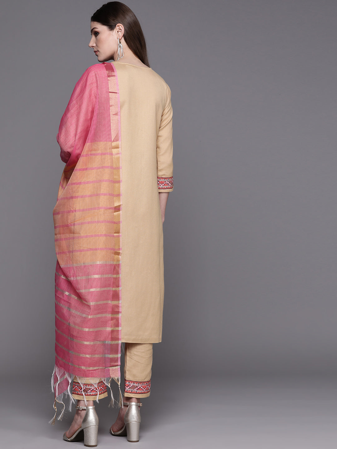 Biba Women Beige & Pink Solid Kurta with Trousers & Dupatta - Distacart