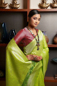 Thumbnail for Vardha Chartreuse Green Silver Zari Kanjeevaram Silk Saree