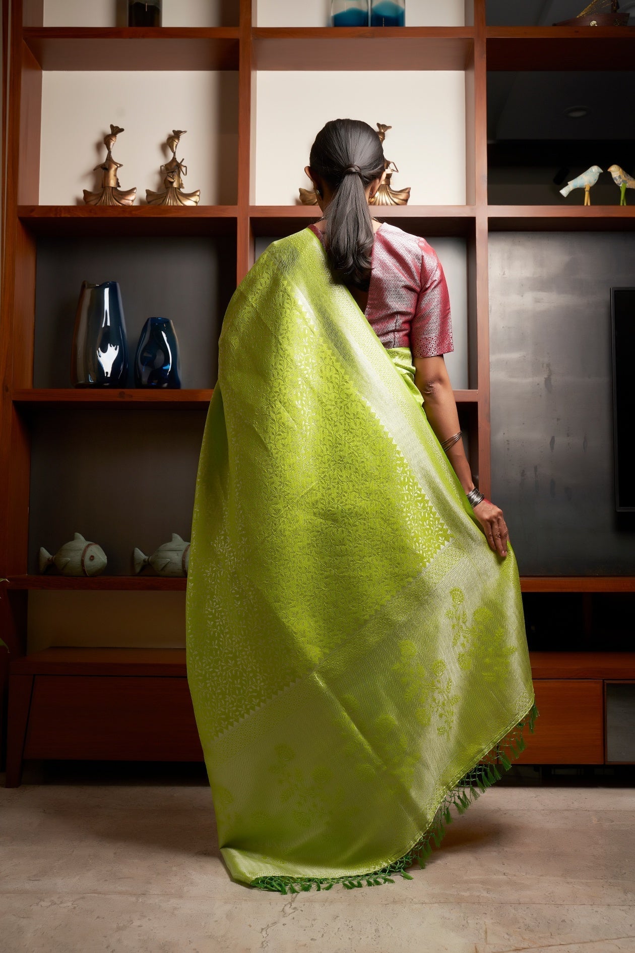 Vardha Chartreuse Green Silver Zari Kanjeevaram Silk Saree
