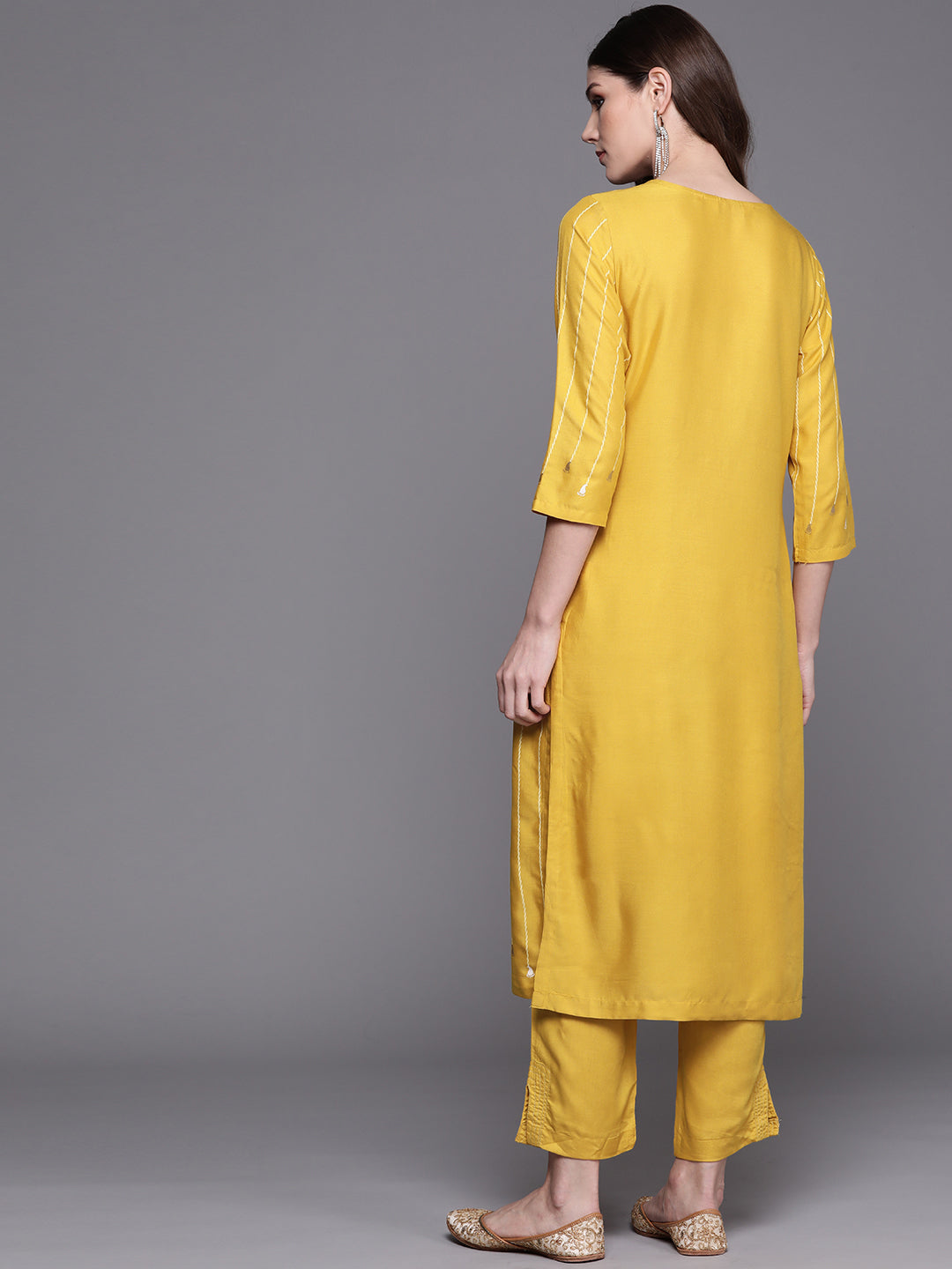 Biba Women Mustard & Golden Striped Kurta with Trousers - Distacart