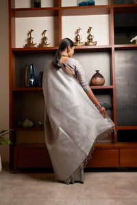 Thumbnail for Vardha Platinum Grey Silver Zari Kanjeevaram Silk Saree