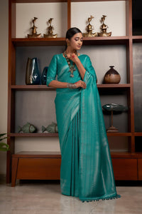 Thumbnail for Vardha Sapphire Green Silver Zari Kanjeevaram Silk Saree