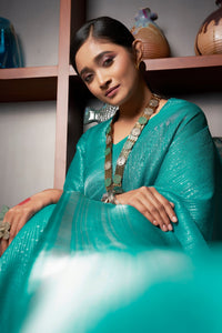 Thumbnail for Vardha Sapphire Green Silver Zari Kanjeevaram Silk Saree