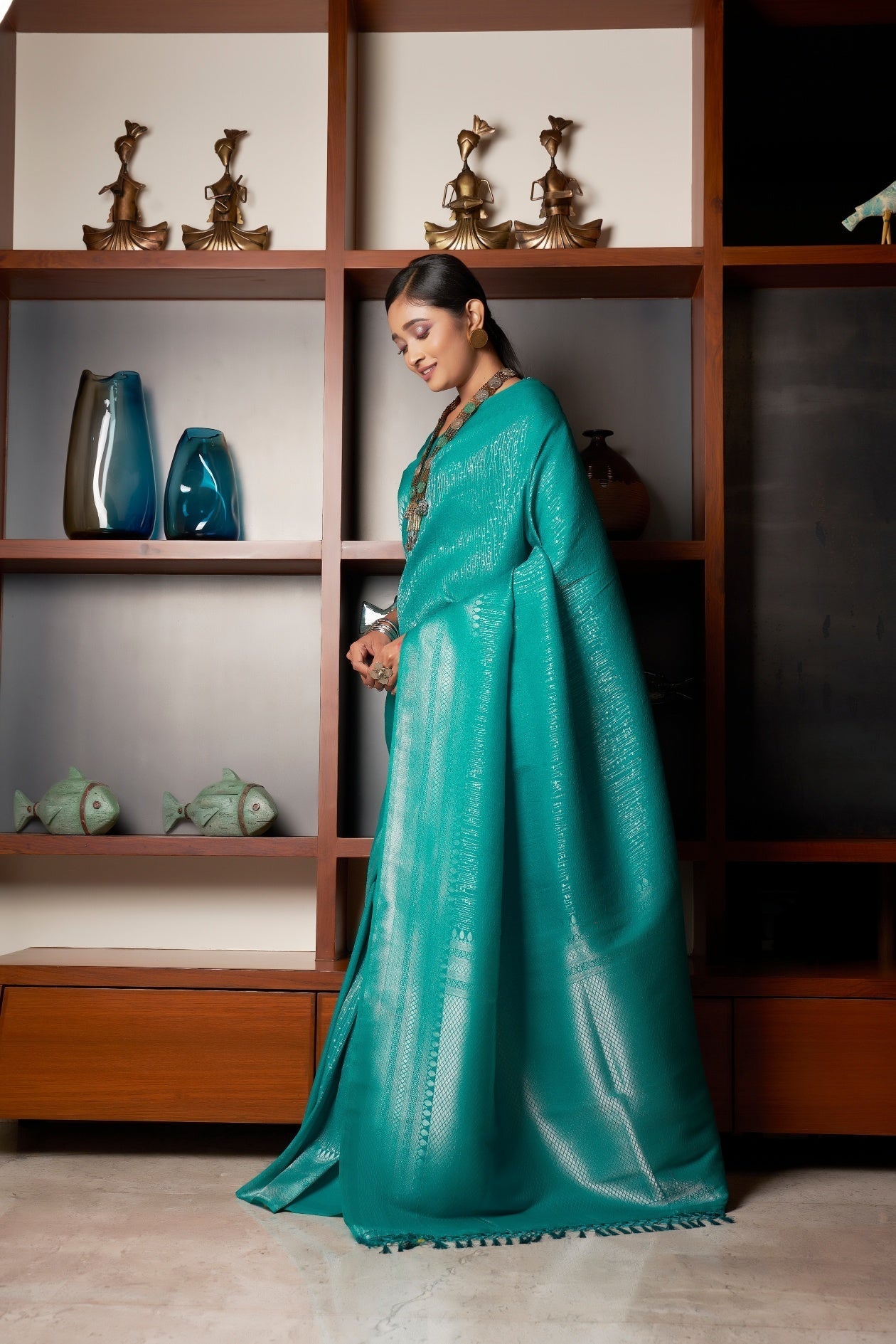 Vardha Sapphire Green Silver Zari Kanjeevaram Silk Saree