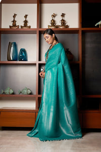 Thumbnail for Vardha Sapphire Green Silver Zari Kanjeevaram Silk Saree